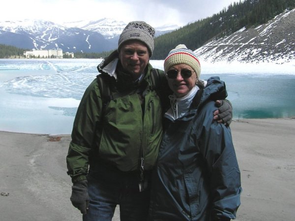 Brad and Joanne birding at Lake Louise, Alberta, Canada in May, 2004.